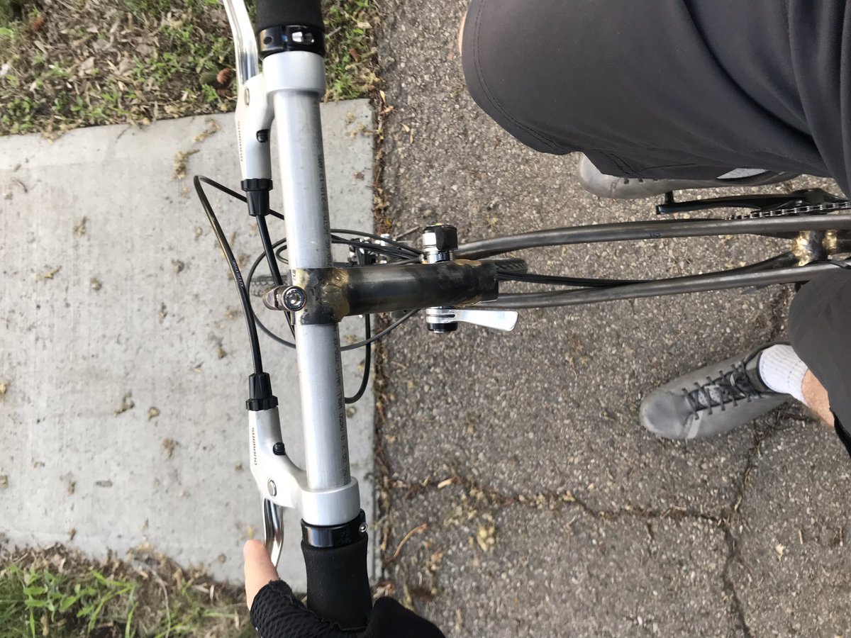 Madsazolam's tweet image. First test ride of the folding bike!! Almost made it to @coffee_outside as planned, but ran out of time. Hinge stiffness is definitely an issue that needs to be fixed, but very close. #framebuilding #yegbike