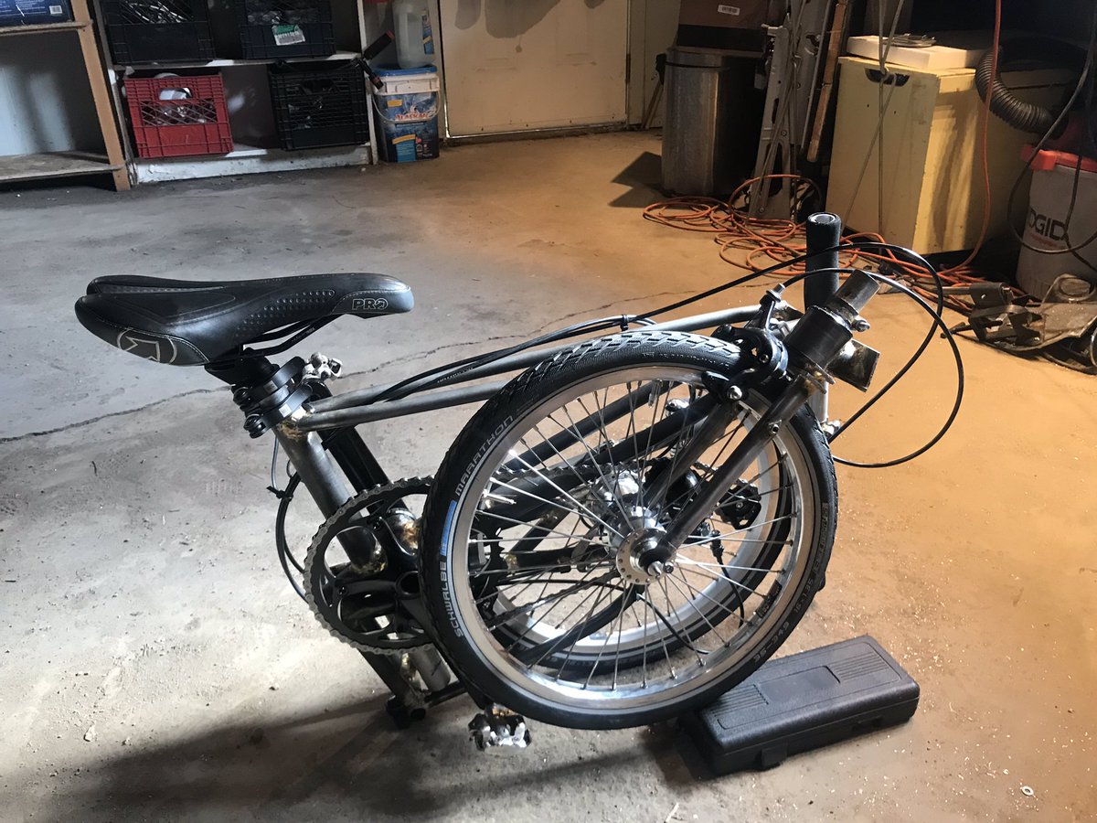 Madsazolam's tweet image. First test ride of the folding bike!! Almost made it to @coffee_outside as planned, but ran out of time. Hinge stiffness is definitely an issue that needs to be fixed, but very close. #framebuilding #yegbike