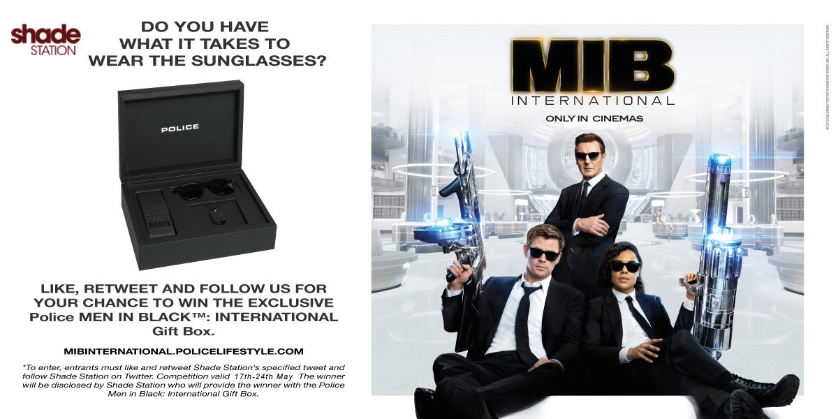 Shade_Station's tweet photo. Ahead of the new #MIBInternational film release, we're giving you the chance to #win a Limited Edition Police Men In Black gift set! Just follow, like &amp; RT to be in with a chance. #Competition ends 24th May! For an extra entry: https://t.co/PcFB8YCQMy #FreebieFriday https://t.co/iUv5NRzFB5