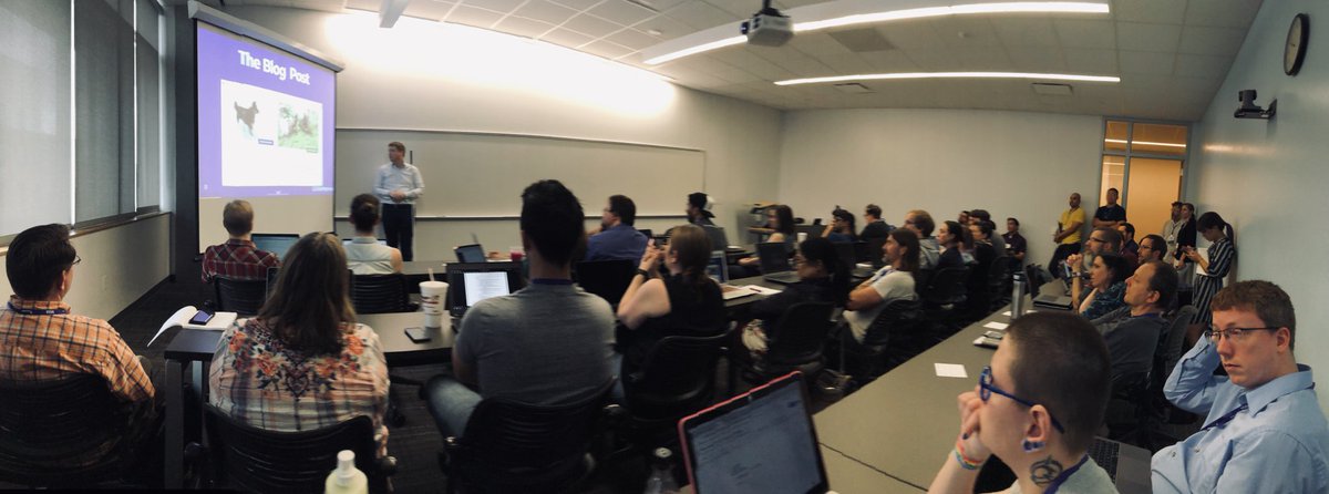 teleject's tweet image. Packed room for @corbb‘s “Robust, Semantic Solutions to Modern Design Challenges” session at @knowbility’s #AccessU. #a11y