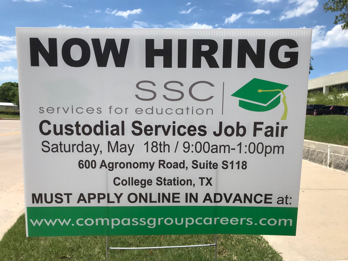 Our Custodial Services Department is hosting a job fair TOMORROW, Saturday May 18 from 9am-1pm at the Facilities Services building located at 600 Agronomy Rd., Suite S118.  Applicants are asked to apply in advance at compassgroupcareers.com   #TAMU #FridayThoughts