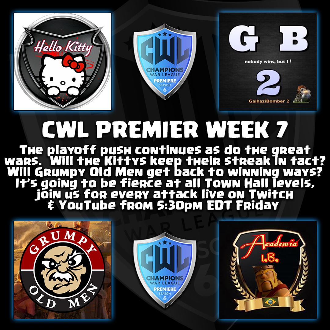 CWL PREMIER Week 7
All 4 clans with winning records, you don't need me to tell you how great these wars will be.  We are getting to that stage now where we look at records, remaining fixtures, the playoff picture.  Join us in about 90 minutes time for all the Premier action.
