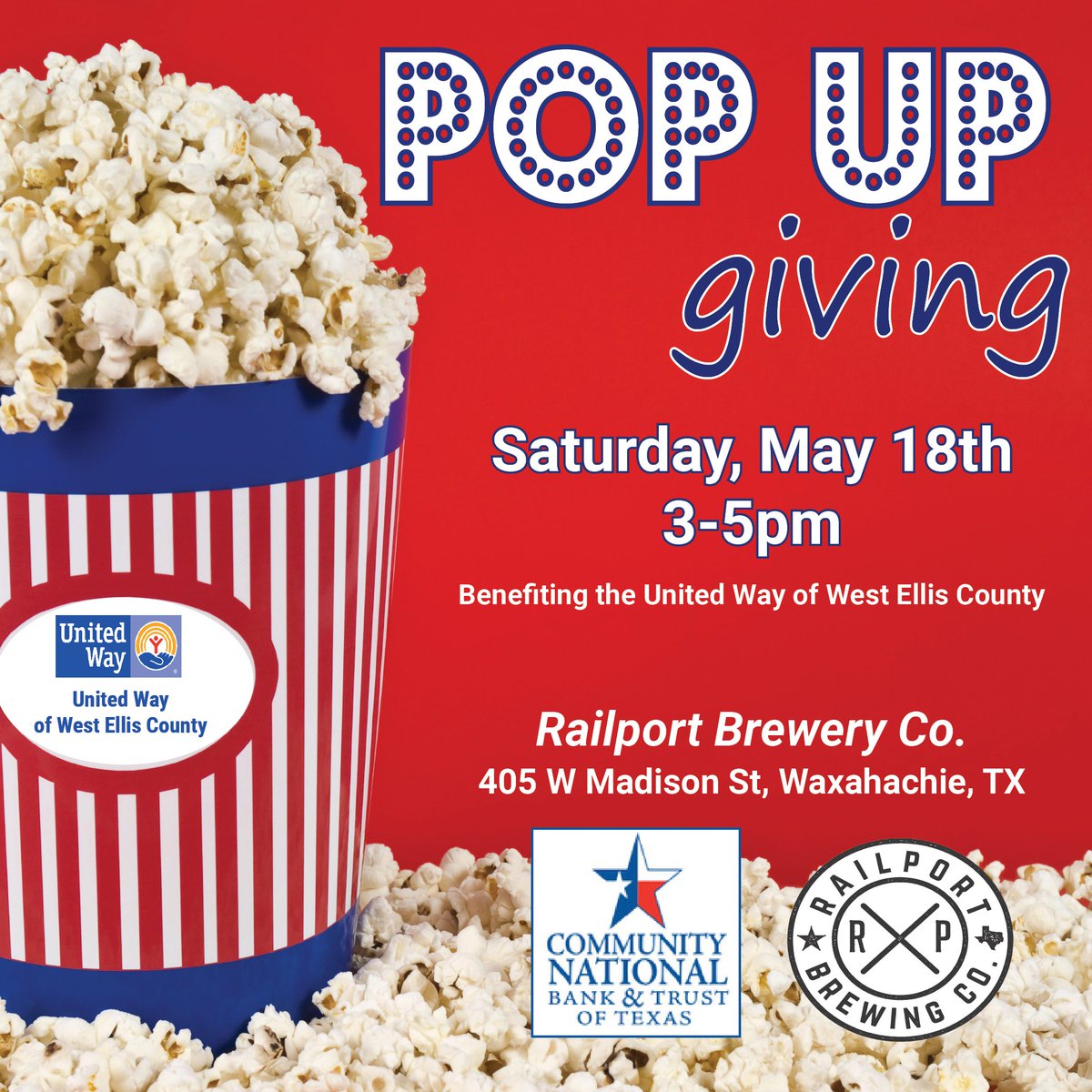 UWEllisCounty's tweet photo. #PopUpGiving has arrived in #Waxahachie - Saturday from 3-5pm at Railport Brewery Co.   

Come learn more about the United Way's local efforts and help give back /select which agency has the best “pitch”!   > #BeThere #FastFunInstantImpact > https://t.co/S1MAaH4wyH https://t.co/uoeetVks28
