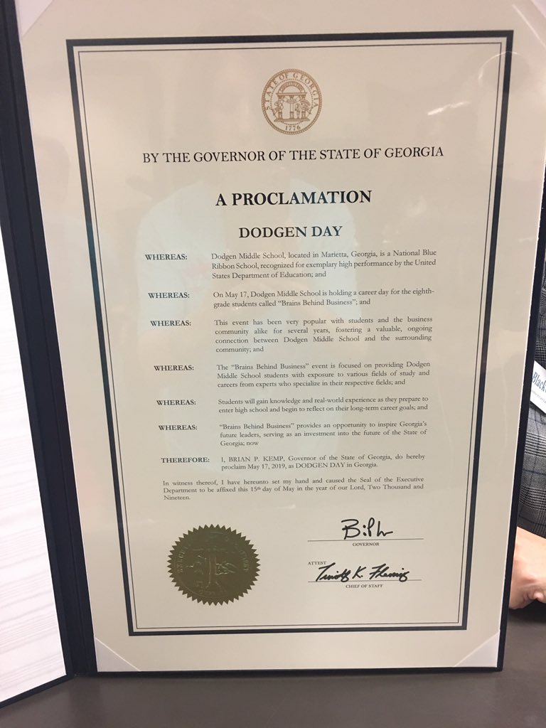 Today Governor Kemp officially declared 5/17/19 as Dodgen Day for our School Council Initiative Brains Behind Business. How cool is that?
#schoolcouncilrocks #cobbsuccess #lovetolearnhere #communitysupport #soproud #inspiringfutureleaders