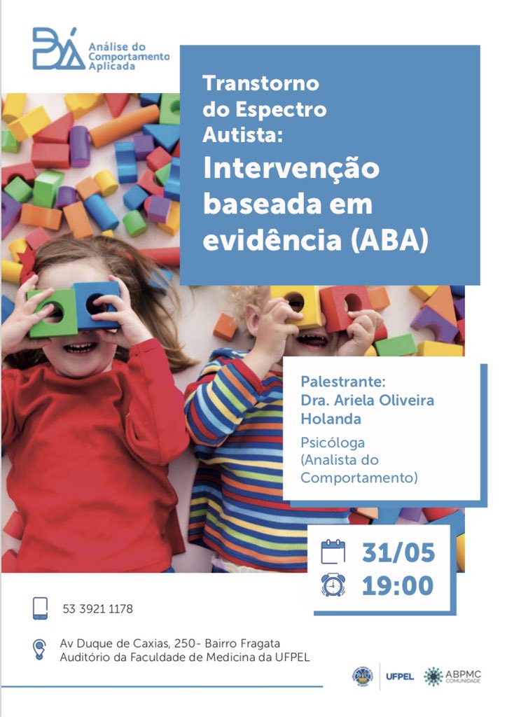 <a href="/issotemjeito/">ABPMC Comunidade</a> em parceria com a BÁ e com a Faculdade de Medicina da UFPEL convidam para um diálogo sobre TEA e intervenção baseada em evidência(ABA), dia 31/05, às 19:00, na UFPEL 💚