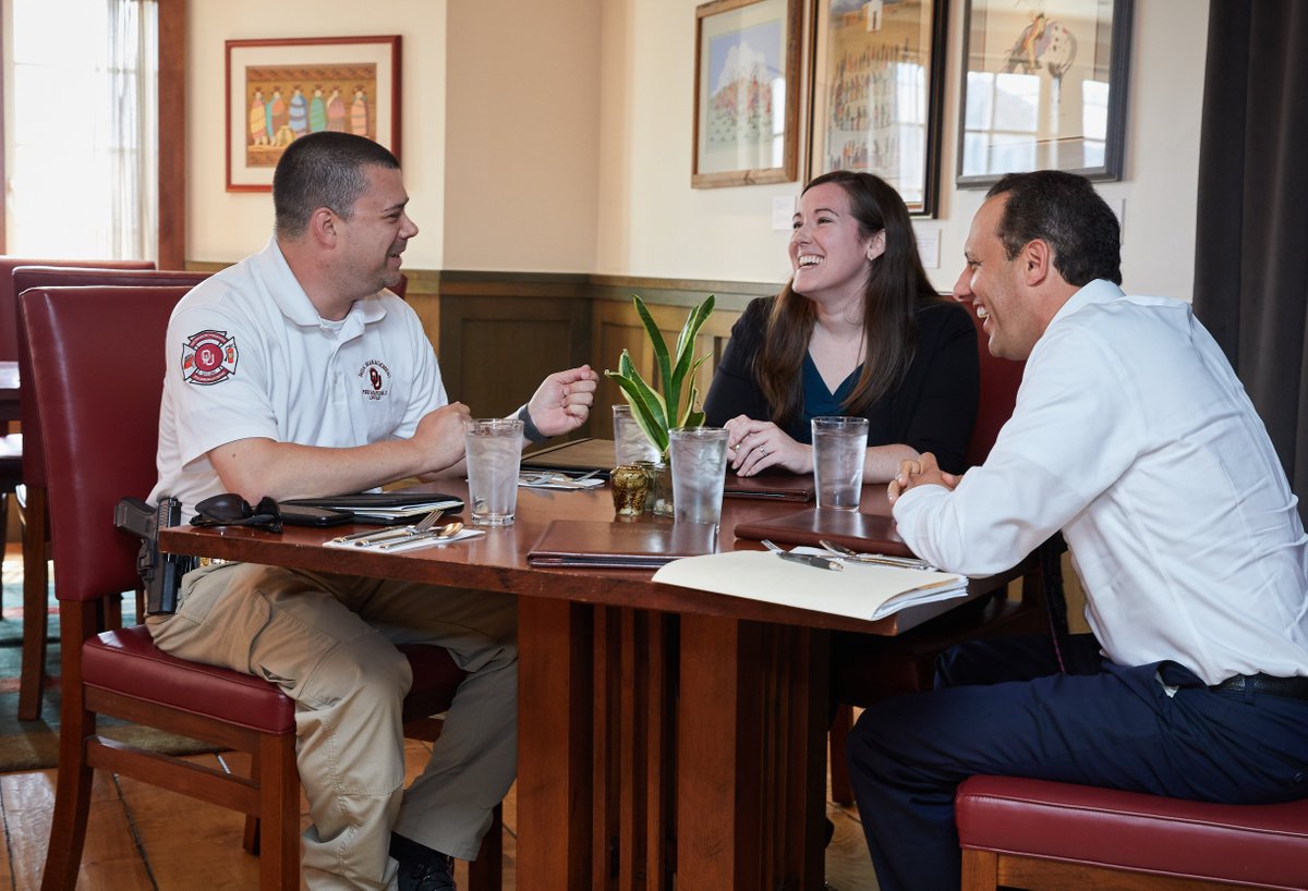UofOklahoma's tweet image. On his first day in office, Interim President Harroz is meeting with students, faculty and staff on the Norman and HSC campuses.