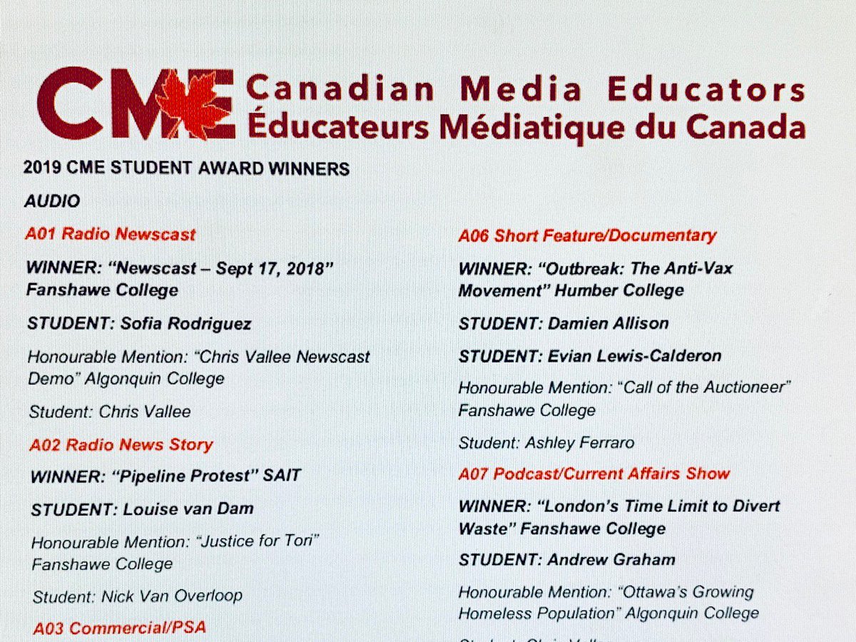 Journalism students <a href="/FanshaweCollege/">fanshawecollege</a> receive accolades for their work. 

Four Canadian Media Educators National Student Award winners or honourable mentions. Congrats <a href="/SofiaRodrgz/">Sofia Rodriguez</a> <a href="/andrewjwgraham/">Andrew Graham</a> @AshleyF_News @NickVONews and all nominees across the country.