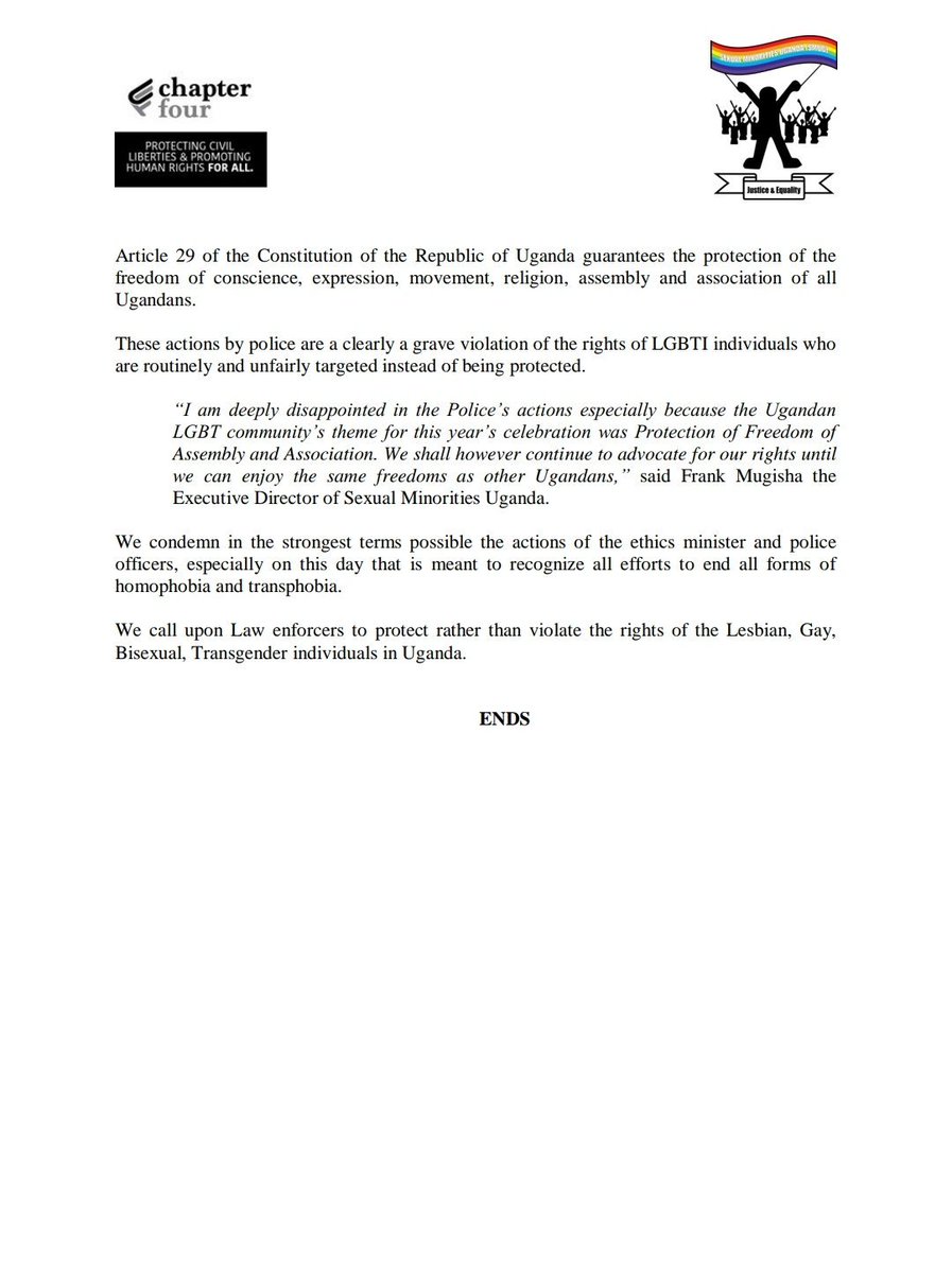 chapterfourug's tweet image. JOINT STATEMENT: Earlier today, @PoliceUg disrupted and shut down #IDAHOBIT19 commemoration at our offices. "The actions taken by police show why this day is important and why we must continue the fight." @nickopiyo

Chapter Four and @SMUG2004 statement: bit.ly/2Js45fq