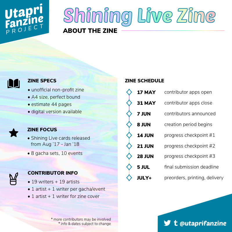 UtapriFanzine's tweet photo. ✨ABOUT THE #SHININGLIVE ZINE✨
SLzine is a non-profit zine that will feature one artist and one writer per gacha/event released in-game from August 2017 - January 2018. Physical and digital versions will be available.
More info: https://t.co/OQ3OH91X7K
#SLzine #utaprifanzine https://t.co/rQDiO9DqB2