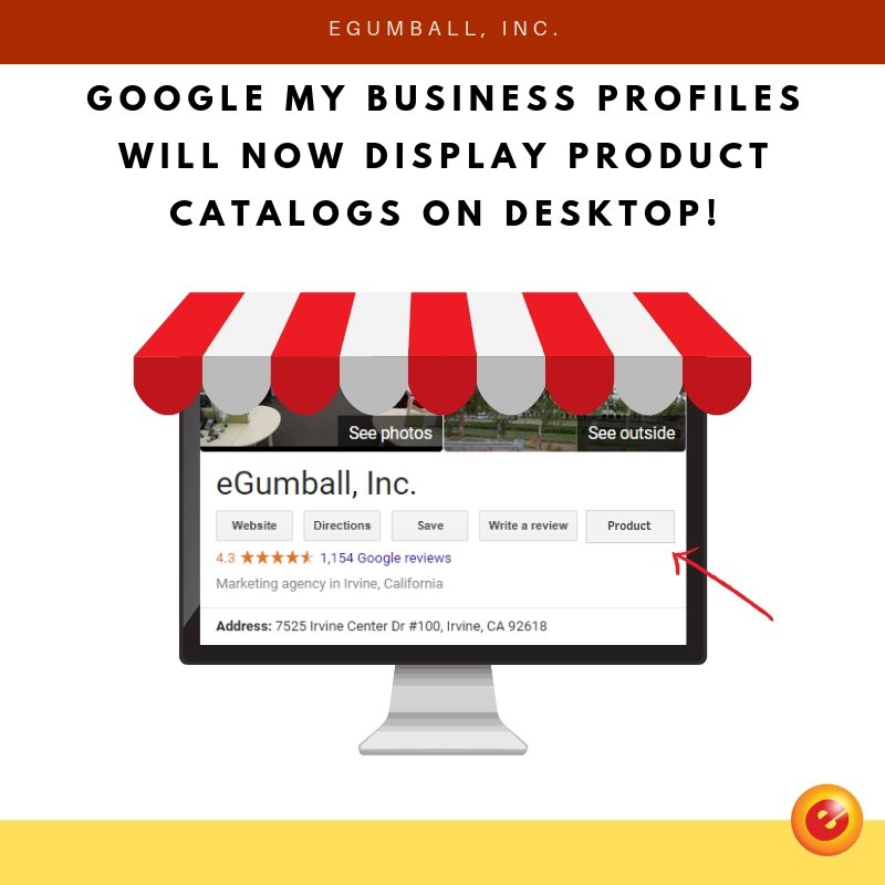 eGumball's tweet photo. Google My Business profile update! Product catalogs are now visible on mobile and desktop search results. #GoogleMyBusiness #SmallBusiness https://t.co/IuRQAqit3z
