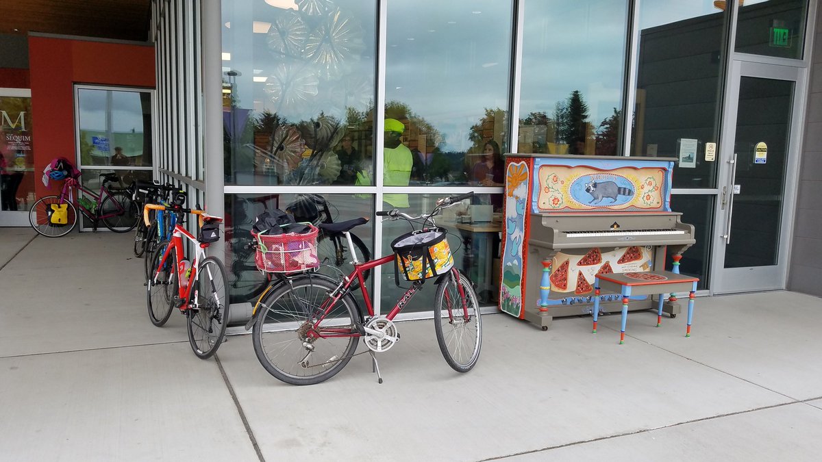 BarbChamberlain's tweet photo. Super fun at Sequim #BiketoWorkDay this morning! Biked there, talked #SafeRoutesNow, #OlympicDiscoveryTrail, rode (as passenger, or "wheeler") in the bicycle Sequim Wheelers uses to take seniors for bike rides. Wheeee! #BikeEverywhere https://t.co/SYPNc3uQdv