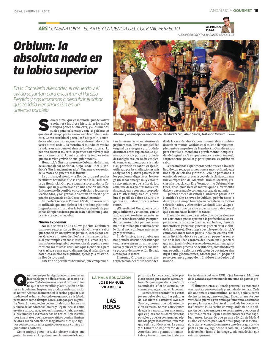 AlexanderCoctel's tweet photo. Exaltación a la #flordelotoazul #Ajenjo #Quinina en la columna de #AlfonsoMaya @GourmetIdeal @DirectordeIDEAL @ideal_granada #HendricksOrbium #Gin #orbium #Inusualidad #Gastronomia #Bartenders #Mixologia #Mixology #Cocktails #AlexanderCocktailBar #Granada #AlexanderSpeakEasy https://t.co/mT7tEPBJ5q
