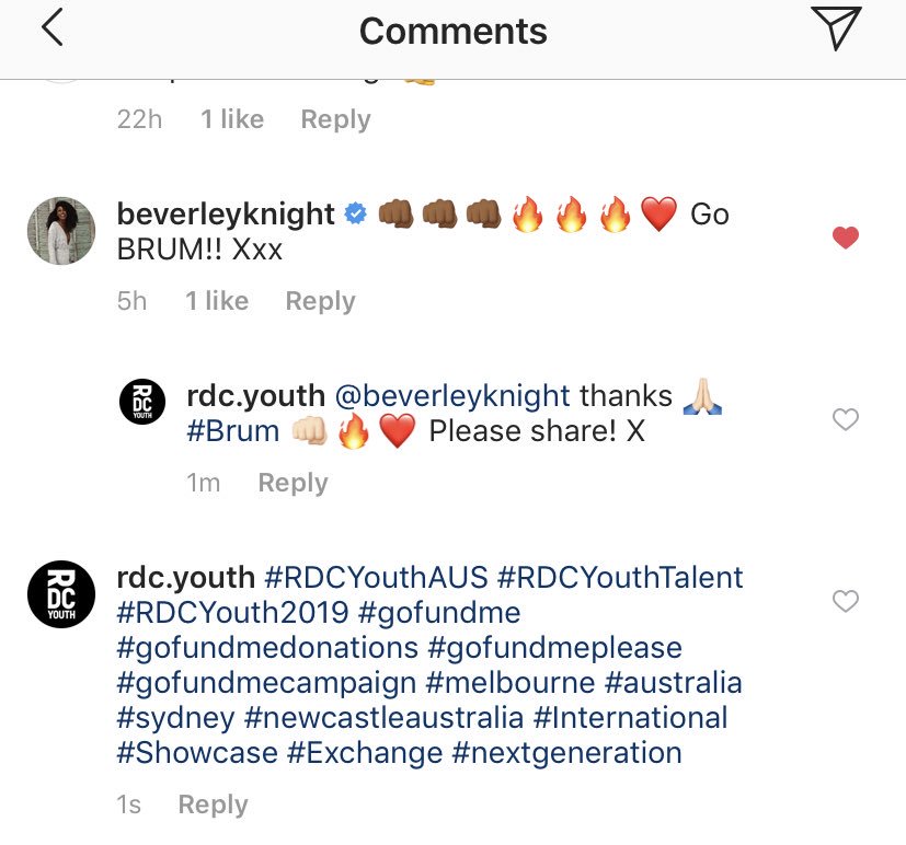 rdcyouth's tweet photo. A massive thank you 🙏🏻 to fellow West Midlander @Beverleyknight for sharing the love on our @instagram! Much appreciated! Please RT our crowd funding campaign far & wide! We have just 45 days to reach our funding goal to perform in 🇦🇺 #AYDF2019 💃🕺#Brum https://t.co/qzvJK3b91n https://t.co/zLR6KEDi1P