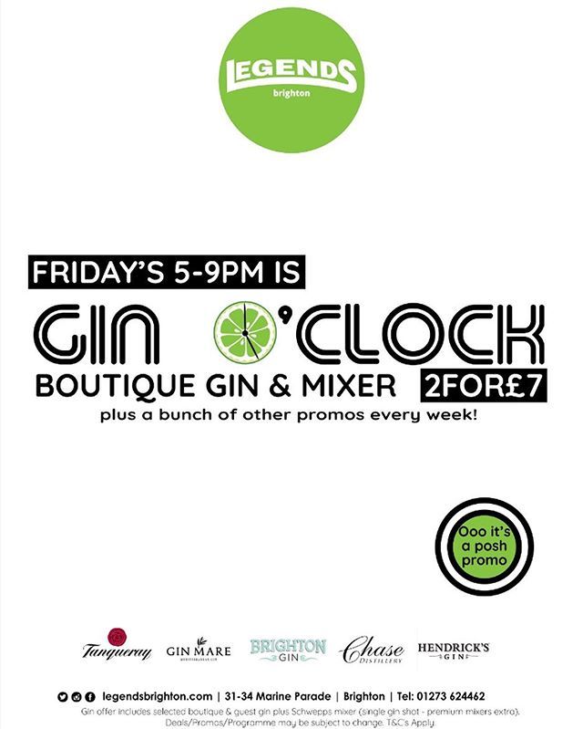 What’s the time?? It’s Gin O’clock until 9pm! 2 Gins for £7! #legends #legendsbrighton #brighton #gaybrighton #gayuk #gin #ginoclock #promotion #tanqueray #brightongin #hendricks #chasegin #tonic #fevertree #folkingtons #friday #weekend bit.ly/2WOg1v5