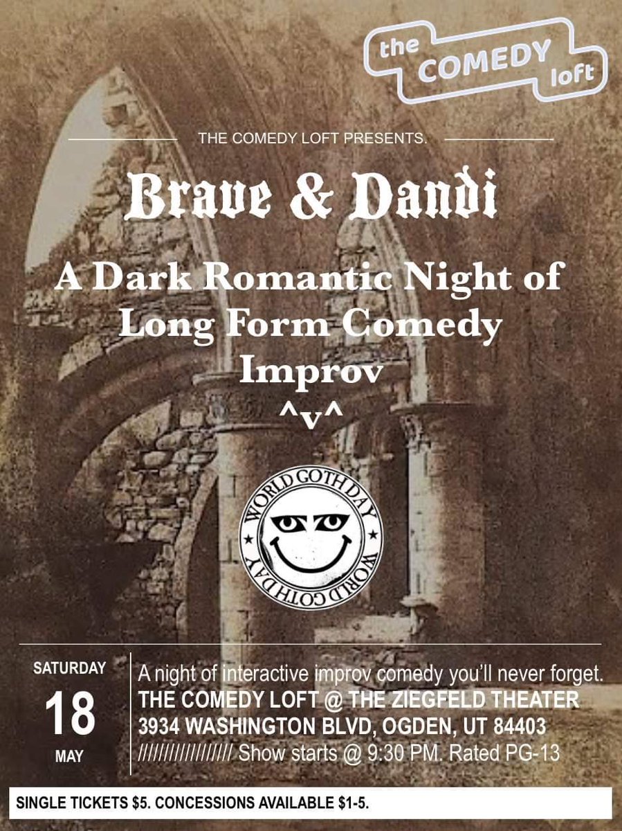 Saturday brings a dark and romantic evening of long form #improv. In honor of World Goth Day, Brave and Dandi bring in-depth knowledge of movies, music, comics and more to create detailed scenes.
#ogdenimprov #improvcomedy #ogden #myogden #indieogden #ogdenisawesome #ogdencomedy