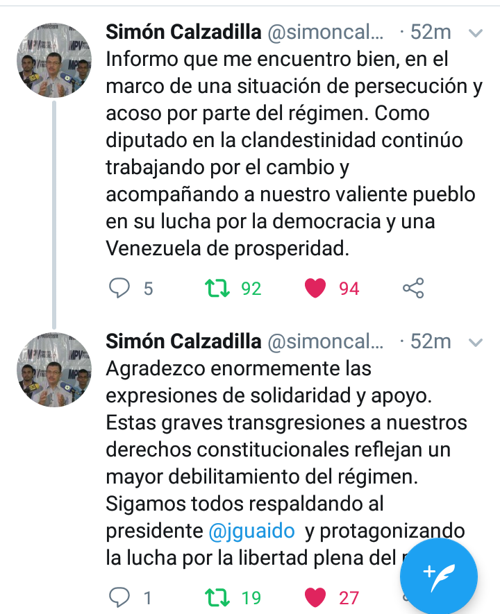 Nuestro Secretario General, Diputado Simón Calzadilla, perseguido político del régimen, reportándose. #OperacionLibertad MPV!!!
