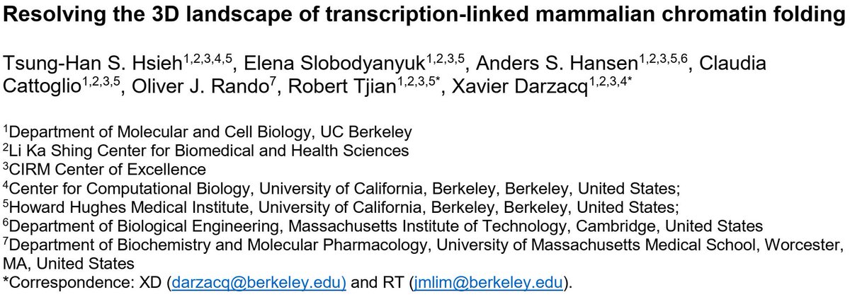 1/n: Our new study “Resolving the 3D landscape of transcription-linked mammalian chromatin folding” is now online biorxiv.org/content/10.110…, great collaborations with @XDarzacq @TjianDarzacq @Anders_S_Hansen @CCattoglio @ollie_rando