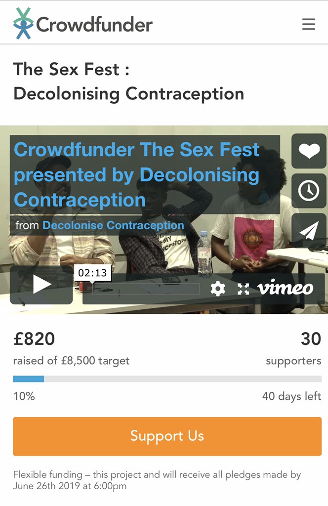 Thanks to everyone who has donated and shared! Let’s try to get to 1k 🙌🏿 crowdfunder.co.uk/decolonising-c… #sexfest2020 #decolonisingcontraception