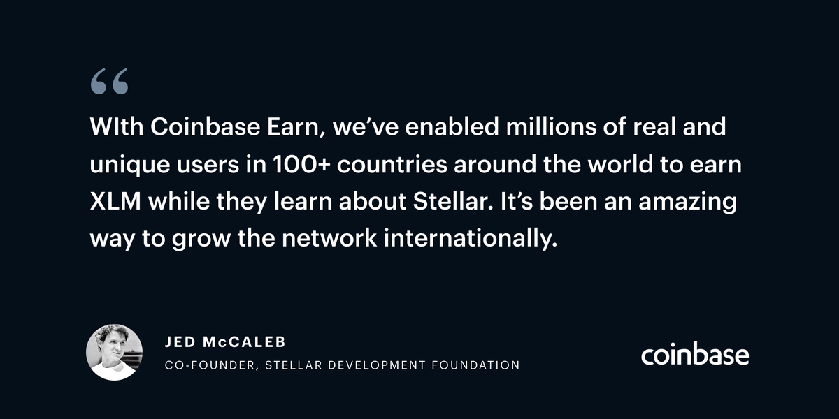 coinbase's tweet photo. Coinbase Earn is also a powerful tool for asset issuers to build their communities. Here’s @jedmccaleb, cofounder of @stellarorg on their experience with https://t.co/cu6cPca6sv https://t.co/A2EhKgRRG1
