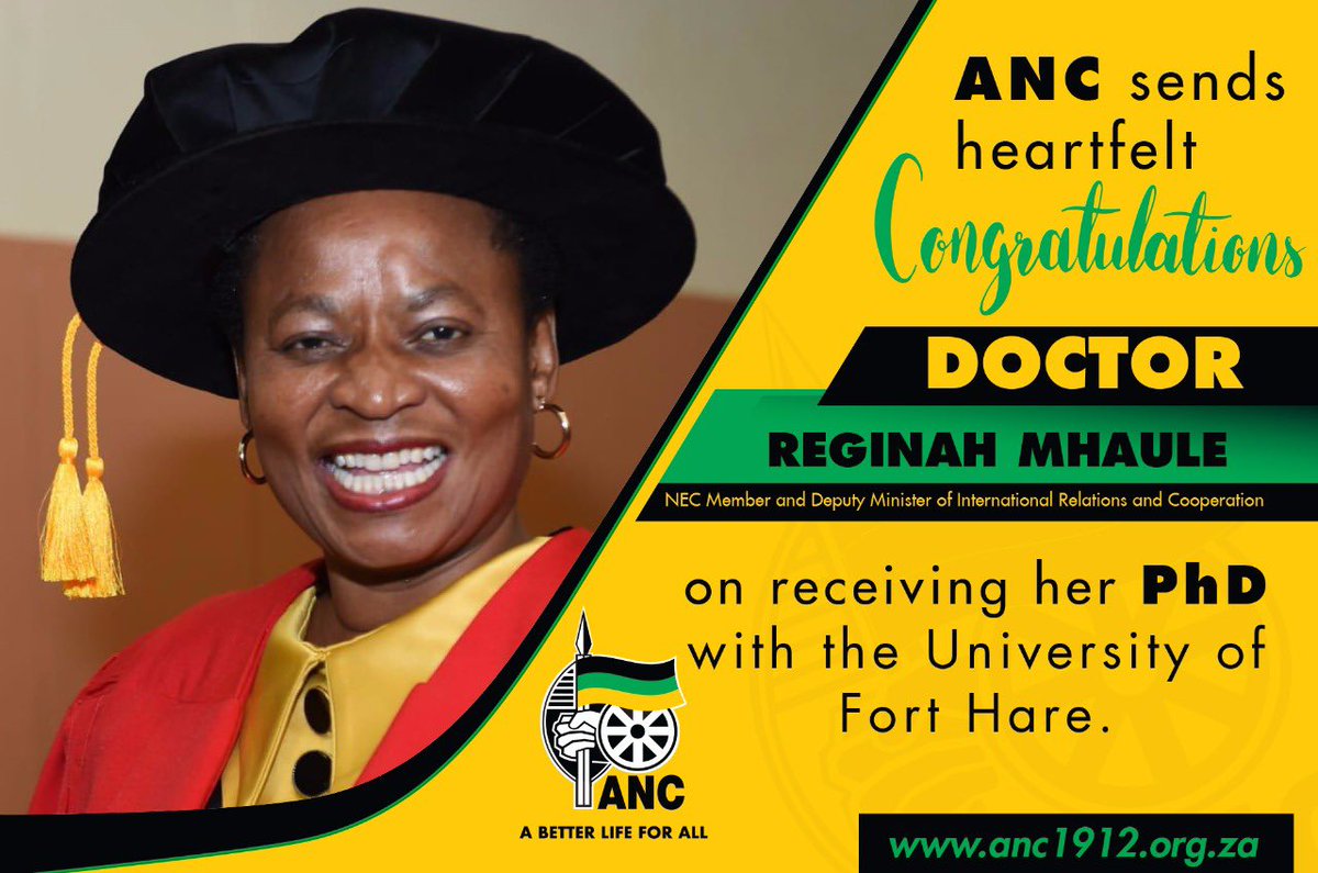 MYANC's tweet photo. ANC CONGRATULATES 

NEC member Dr Reginah Mhaule on receiving her PhD with the University of Fort Hare. 

#ANCLeads https://t.co/Ll5Ipia0jZ