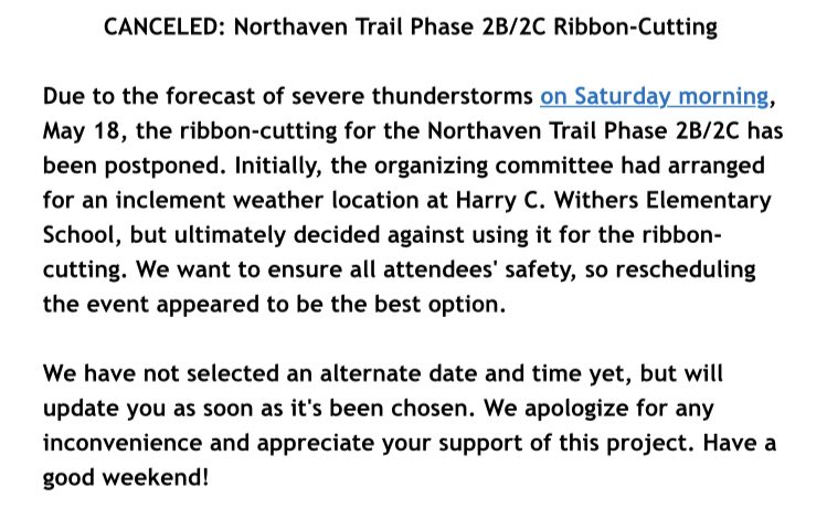 NorthavenTrail's tweet image. Update: Tomorrow’s ribbon cutting has been postponed due to anticipated inclement weather and thunderstorms. Boo 🌩  ⛈. Once the weather clears please use the extension and send us your pictures! @DallasCountyTx @CityOfDallas @DallasParkRec @Advocate_PH @oncor