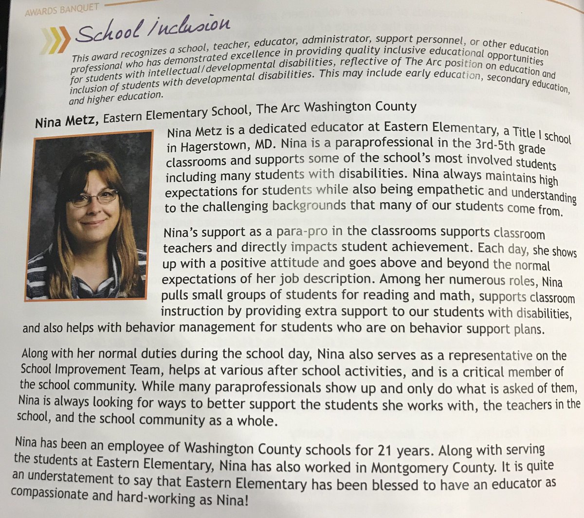Congratulations to Nina Metz who was honored by @thearcmd with their School Inclusion Award! Nina was one of 3 educators in the state of MD to receive this award! Thank you Nina for all that you do for our students everyday! #TheArcMDConvention2019 #OpportUNITY