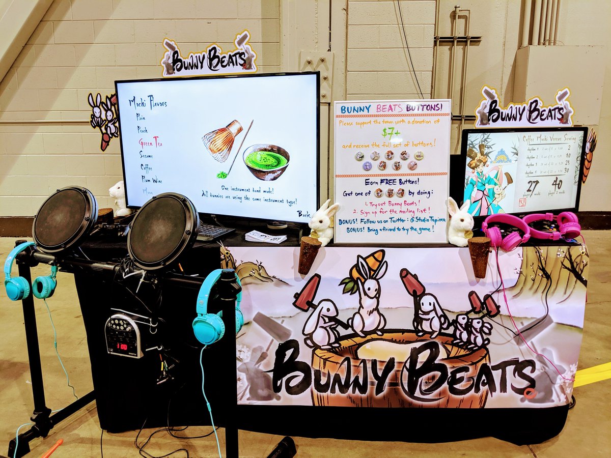 StudioTapioca's tweet photo. Our @animecentral booth is up in Hall F (Entertainment Hall)! Visit us to enjoy some fast-paced rhythm gaming and earn some cute bunny pins! #acen2019 #indiegame https://t.co/m4q9rHH6k4