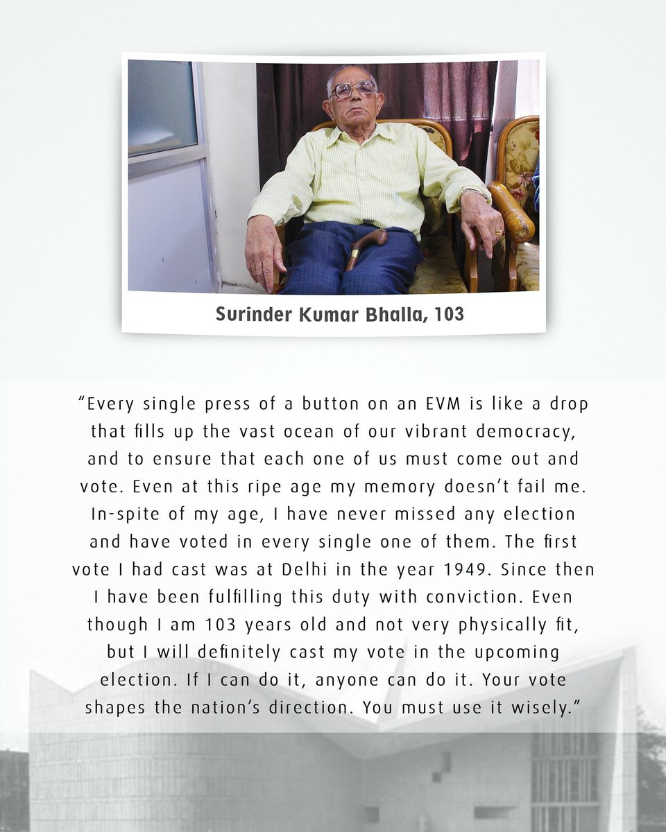 ceochandigarh's tweet photo. Epic Story : Surinder Kumar Bhalla, Age : 103
He is amongst the first bach of voters.Lets take a look at his thoughts on Election.
#DeshKaMahatyohar #chandigarhkregavote #sveepchandigarh #Chandigarhhaitiyaar #loksabhaelections2019 @ECISVEEP https://t.co/7LhGNaJNFg