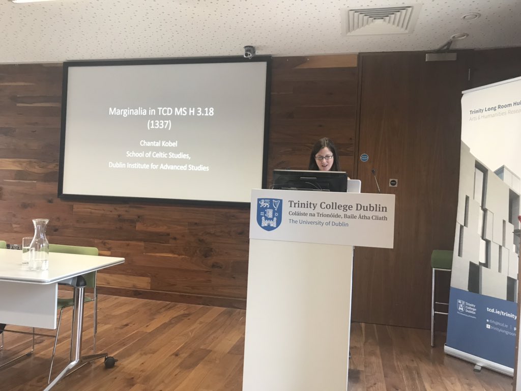 TLRH_Conf_2019's tweet photo. @ChantalKobel of the @SCSLibrary @DIAS_Dublin speaking to us this afternoon about marginalia in TCD MS H 3.18. https://t.co/IFn9GPv3tH