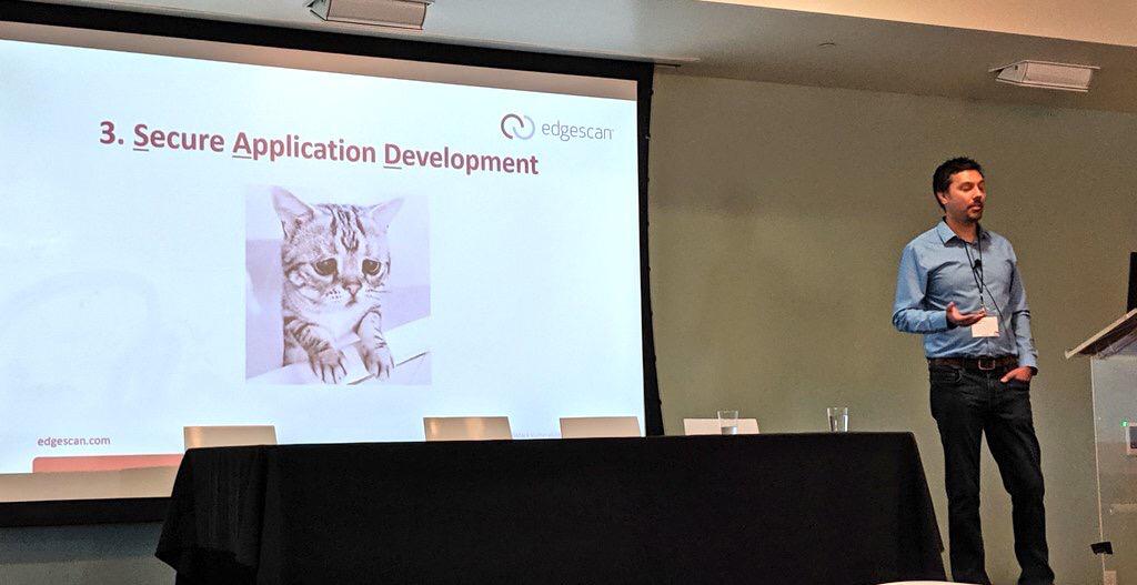 edgescan's tweet photo. Here's @rahimjina talking #VulnerabilityStats at @issala #SummitXI. Want to see more? Download the @edgescan 2019 Vulnerability Stats Report. https://t.co/tAyRPaK80L https://t.co/BIa8d86e7j