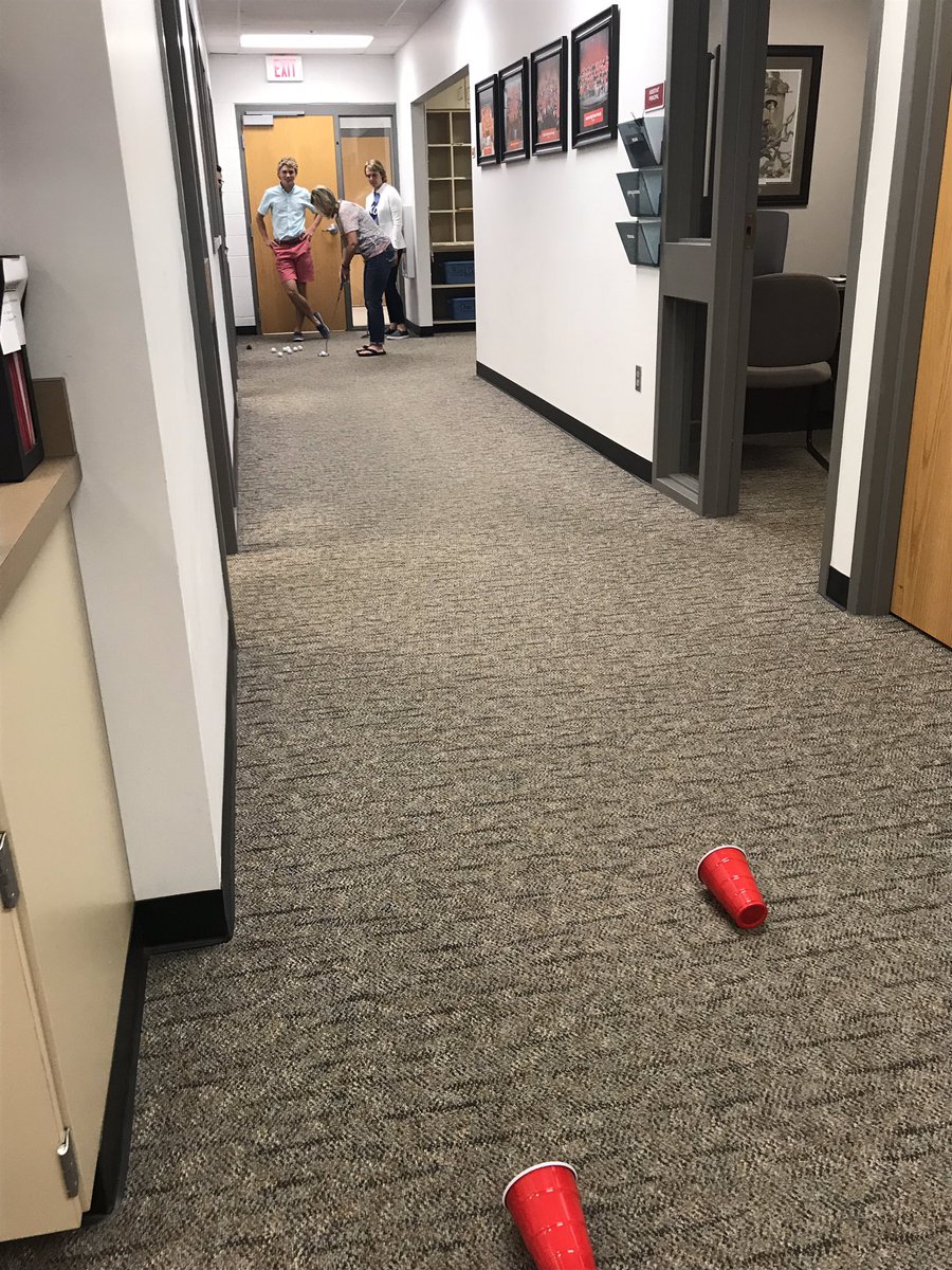 Office worker Case E. (Member of the 2019 State Chamipon golf team) had to pass one last Final Exam!!!  Our Administrative Assistants really put the pressure on, but he passed!
