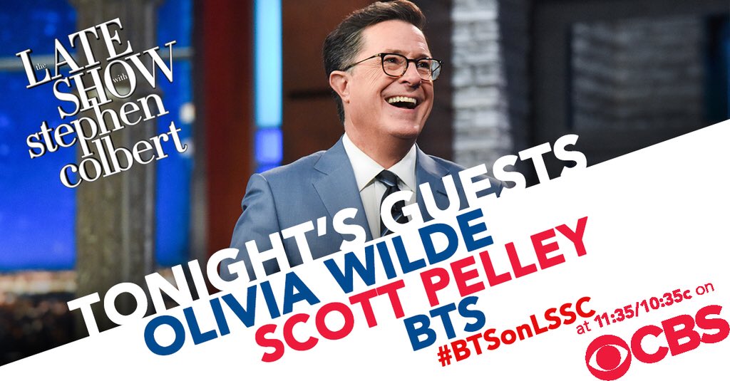 TONIGHT: The talented @oliviawilde is here to talk about her directorial debut with @Booksmart! Then @ScottPelley stops by to chat about his new book 'Truth Worth Telling' followed by another amazing performance from @BTS_twt!!!!!!! #BTSonLSSC