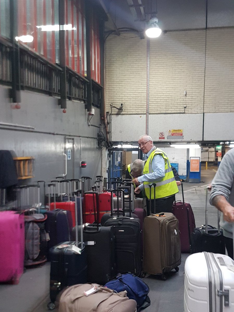 On_Train's tweet photo. A big thank you to the team @NetworkRailEUS with whose help we were able to organise passengers' bags on the platform in alphabetical order to make sure they could get home quickly. #oneteam #steamdreams #hiexplorer https://t.co/IPpKMb6egu