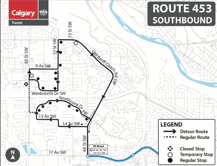 calgarytransit's tweet photo. #CTRiders DETOUR #Route98 #Route453 Beginning Fri, May 17 at 6 pm, and continuing until Tues, May 21 at Start of Service, the intersection of Bow Trail and 85 Street SW will be temporarily closed, along with stretches of Bow Trail to the east due to construction. https://t.co/PVjmosNnQw