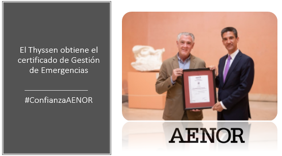 AENOR's tweet photo. Queremos dar la enhorabuena al @museothyssen por obtener la certificación AENOR de Gestión de Emergencias. Se trata de una norma internacional que estipula los requisitos para dar una respuesta eficaz a los incidentes. #ConfianzaAENOR #ISO22320
https://t.co/Uj2kKnVxCO https://t.co/L0ElLSslcJ