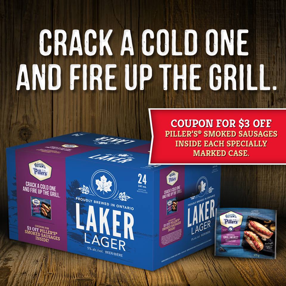 Laker Lager and Piller's Fine Foods Smoked Sausages - It’s a Summer BBQ in a Box! Receive a coupon for $3 off Piller's Smoked Sausages inside new specially marked cases of Laker Lager. Pick yours up for the May 2-4 weekend!
