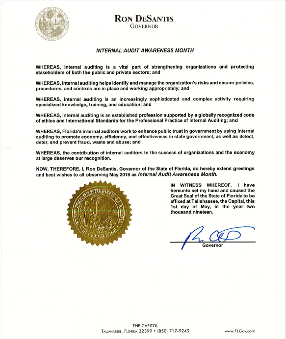 IIA_Tallahassee's tweet photo. The Florida Governor has recognized that May 2019 is Internal Audit Awareness Month! https://t.co/fxag4e9lpW
