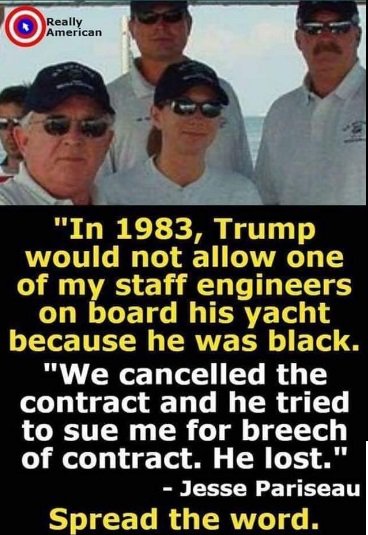 sheriffali's tweet photo. #LifeTimeRacist Racist Donald Trump in 1983 refused to allow a Black Crew Member of a Company he hired to Board his Yacht. The White Owner Cancelled the Contract and Trump sued the Company and lost. Trump is a Hater, but the catalyst for his Hate is embedded in his Racism. https://t.co/26MGhs3LRw