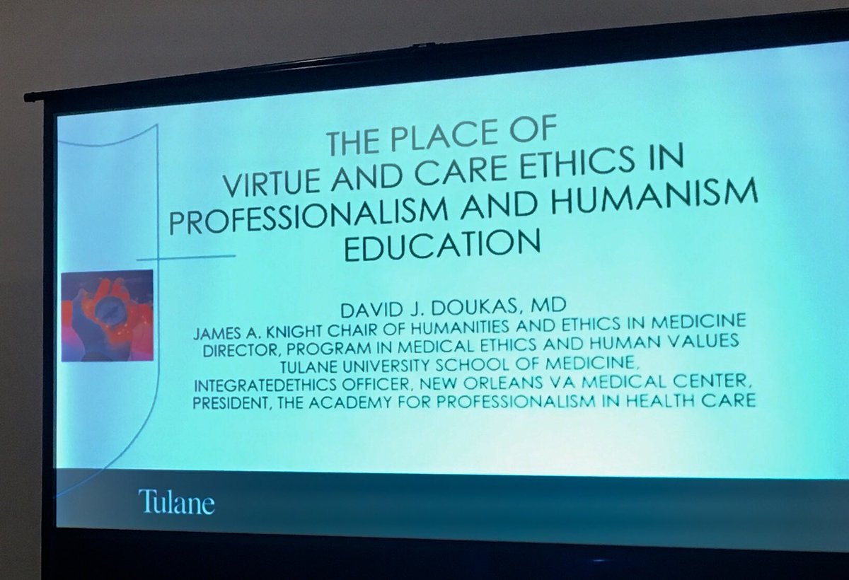 pdherron's tweet photo. Dr. David Doukas of @TulaneMedicine discussing role of and opportunities for advancing virtue & care ethics in professionalism & #humanism education #meded #APHC19 #bioethics https://t.co/83Z8bWIQz2