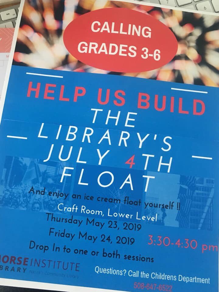Join the <a href="/morseinstitute/">Morse Institute Lib</a> for #natick4th float building and ice cream float eating! May 23 and 24, 3:30-4:30pm