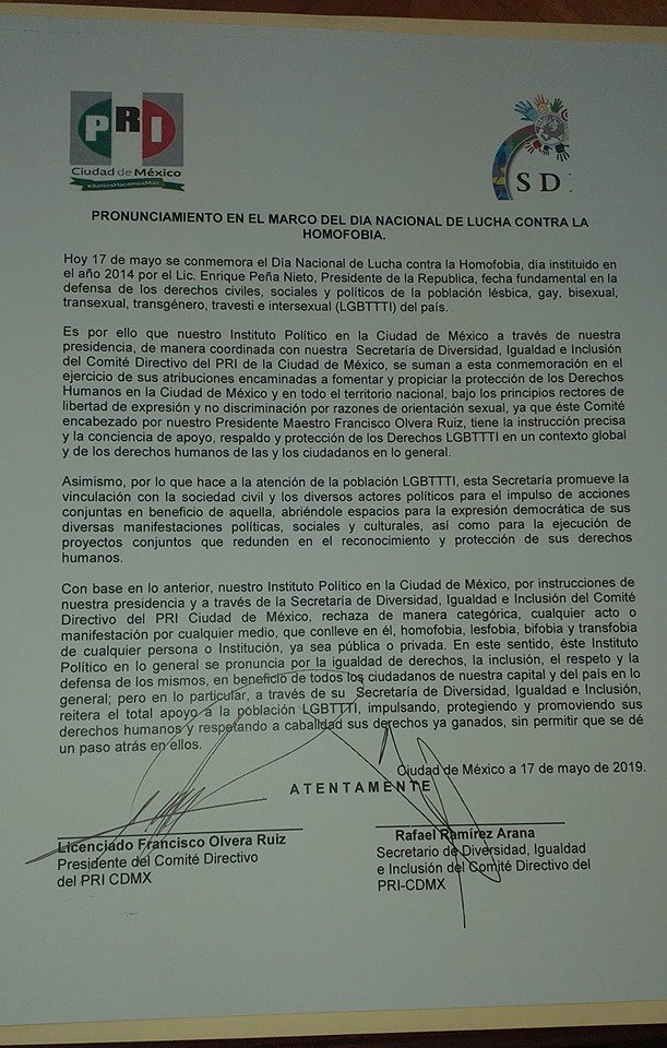 SRIADIVERSEXUAL's tweet photo. Por 5to. año consecutivo, el Partido Revolucionario Institucional en la Ciudad de México, firma pronunciamiento en el Marco del Día Nacional de Lucha contra la Homofobia.
#DíaNacionaldeLuchaContraLaHomofobia @PrensaCENPRI @PRI_Nacional @PRICDMX_  @ruizmassieu  @rubenmoreiravdz https://t.co/H9ZAdT2Shb