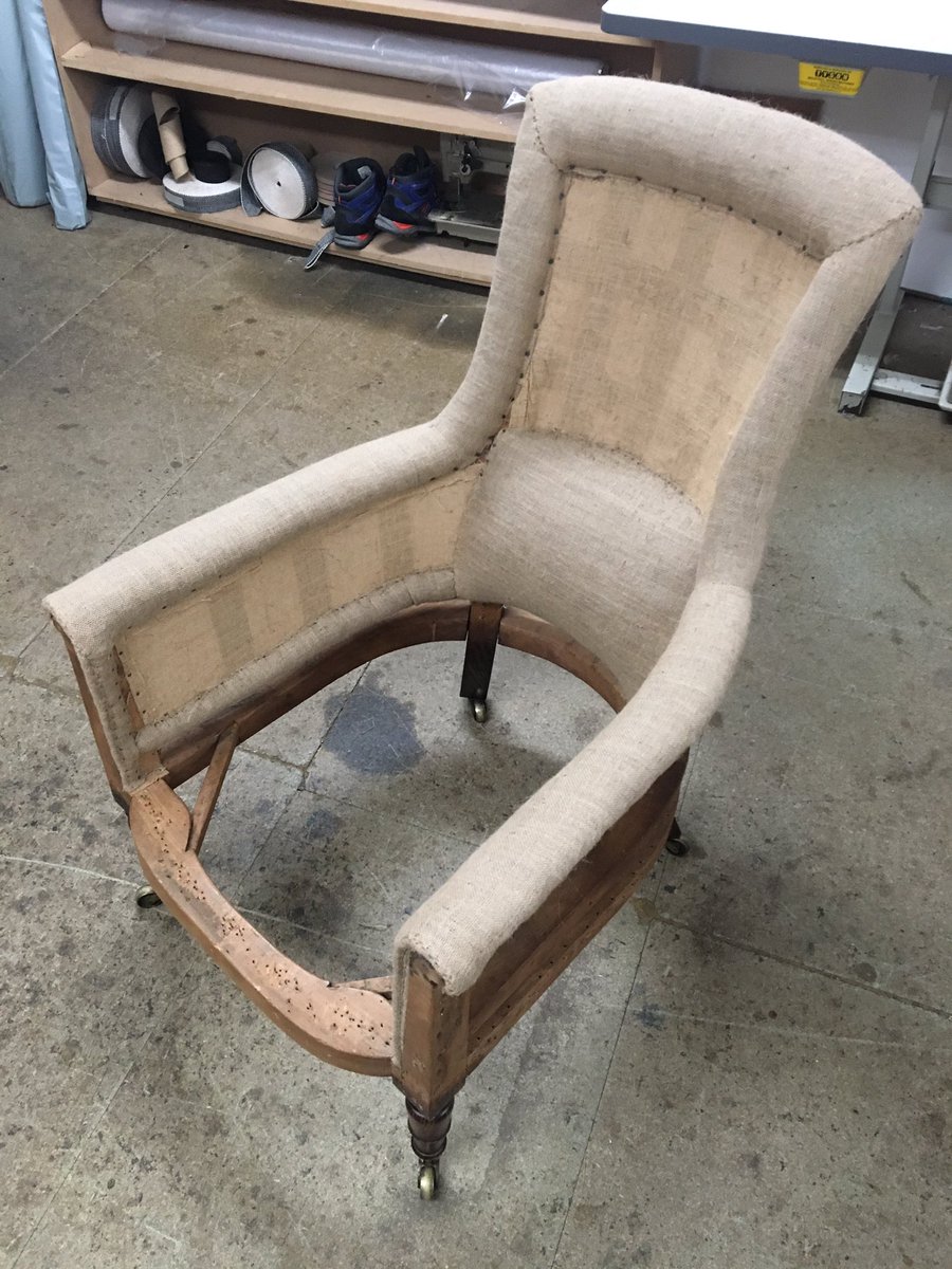 Tozerchairs's tweet photo. Regency library chair full traditional upholstery and restoration. Reusing original horse hair ant techniques #tunbridgewells #upholstery #traditional #craft #skill https://t.co/j98fcrI2e6