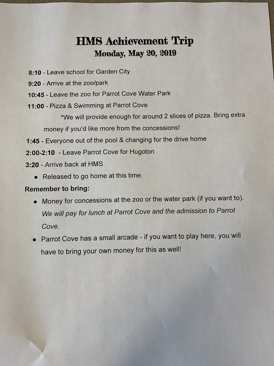 HMSEaglesKS's tweet photo. Here is the schedule for the End of the Year trip on Monday 5/20/19. #WeR210 https://t.co/pBDVsyE84r