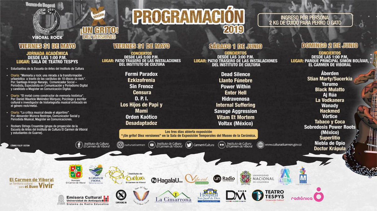 duvany1's tweet photo. #xviboralrock #viboralrock2019 esta es la programación de los tres días de Bandas y Cultura Rock. No falten. https://t.co/1x1GIGBNcQ