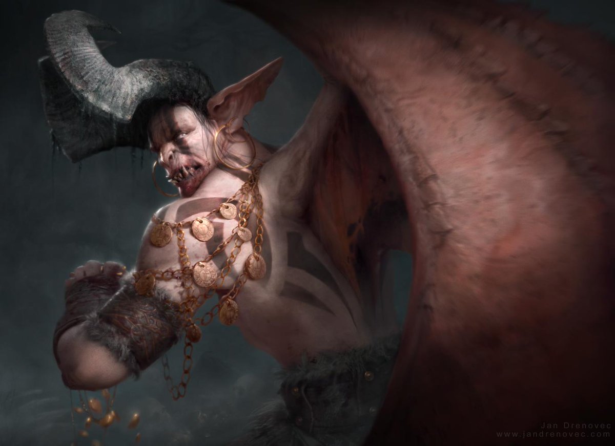 Djævel Ødger 
Tight-fisted demon, thirsty of gold and flesh. Devouring every single living thing, that wanders into his lair.

#Demon #Devil #Gold #fantasy #Horror #Tattoo #Nordic #Digitalart  #fantasyart #runes #fantasyillustration #art #painting #characterart #ghoul