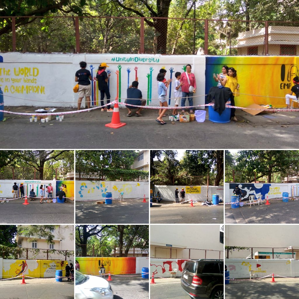 CommunityBandra's tweet photo. #Day2 of #hoopart on the #Bandra #MehboobStudioWall. Come leave your mark for #humanity. We welcome everyone to participate and become a part of #BandraHistory. #humanitywithheart #spectrumofdiversity #happinessforever #togetherforhumanity #artofinclusion #heartsofkindness https://t.co/kJanYeMZC8