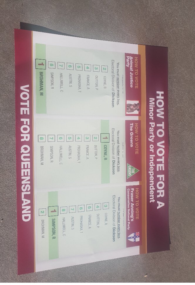 samanthamaiden's tweet photo. What’s the story with these how to vote cards being handed out all over Dickson how to vote “independent” but preference for @PeterDutton_MP number 2 ? Get Up has complained to @AusElectoralCom as they are authorised by a bloke worth a ...Dutton signage in his front yard https://t.co/8a6UslA2wU