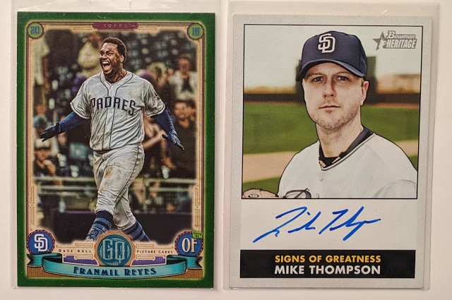 PadresBreakdown's tweet photo. Thanks to my buddy Doug in Canada for the surprise pack of great Padres cards! Especially love the brown pinstripe on the Gwynn and the old-school Winfield.

https://t.co/5cB3MbIGk3 https://t.co/vqJZHqfIiA