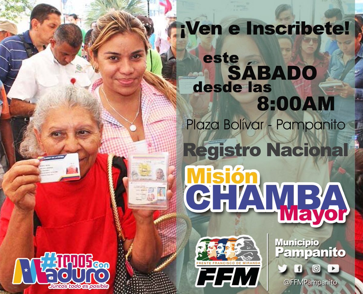 FFMPampanito's tweet photo. ¡Ven e Inscribete!  #MisiónChambaMayor este Sábado desde las 8:00am / Plaza Bolívar de nuestro Municipio.
@NicolasMaduro 
@ErikaPSUV
@LachinaPSUV
@Yurami_PSUV
@leonelpsuv 
@LEDYT1 
@FFMDelta_Oficia
@FFMTrujillo
@Juventud_FFM
@FFMPampanito 
@nadiuskaffm
@RamonrPSUV
@somosVTrujillo https://t.co/mRe9eLNzT5