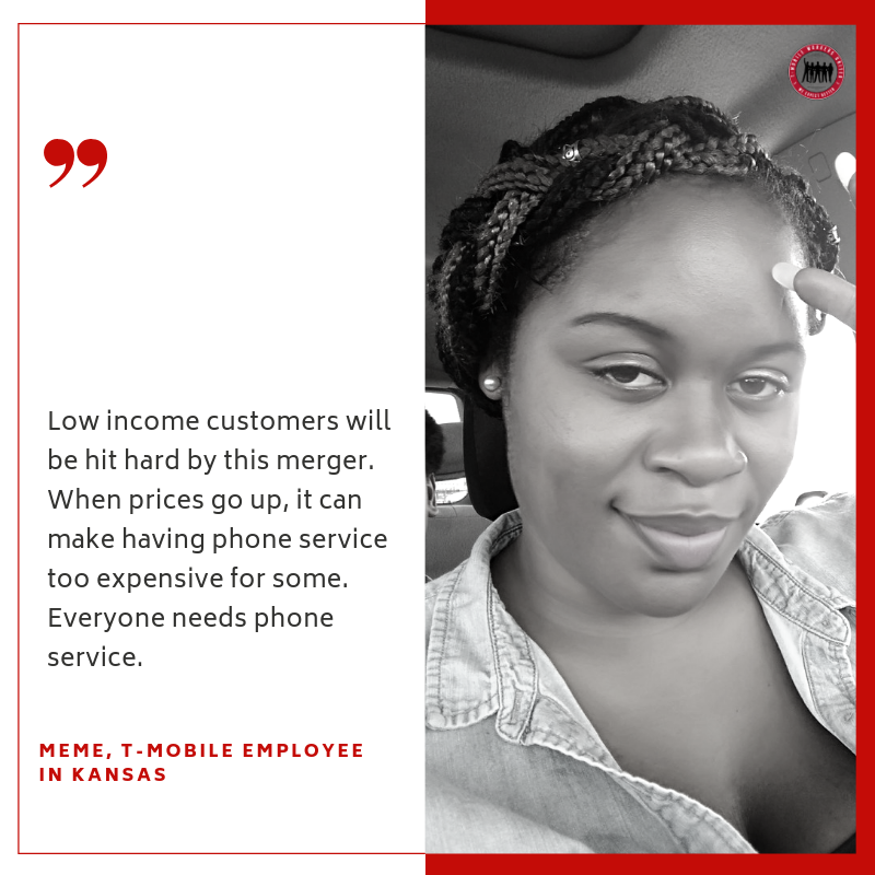 TmobileWorkers's tweet photo. "Low income customers will be hit hard by this merger. Prices go up and that can make having phone service too expensive for some. Everyone needs phone service." - Meme, @TMobile  employee in Kansas.

Both workers and consumers will be affected by a T-Mobile - @sprint merger. https://t.co/Wd7g2IcVWh
